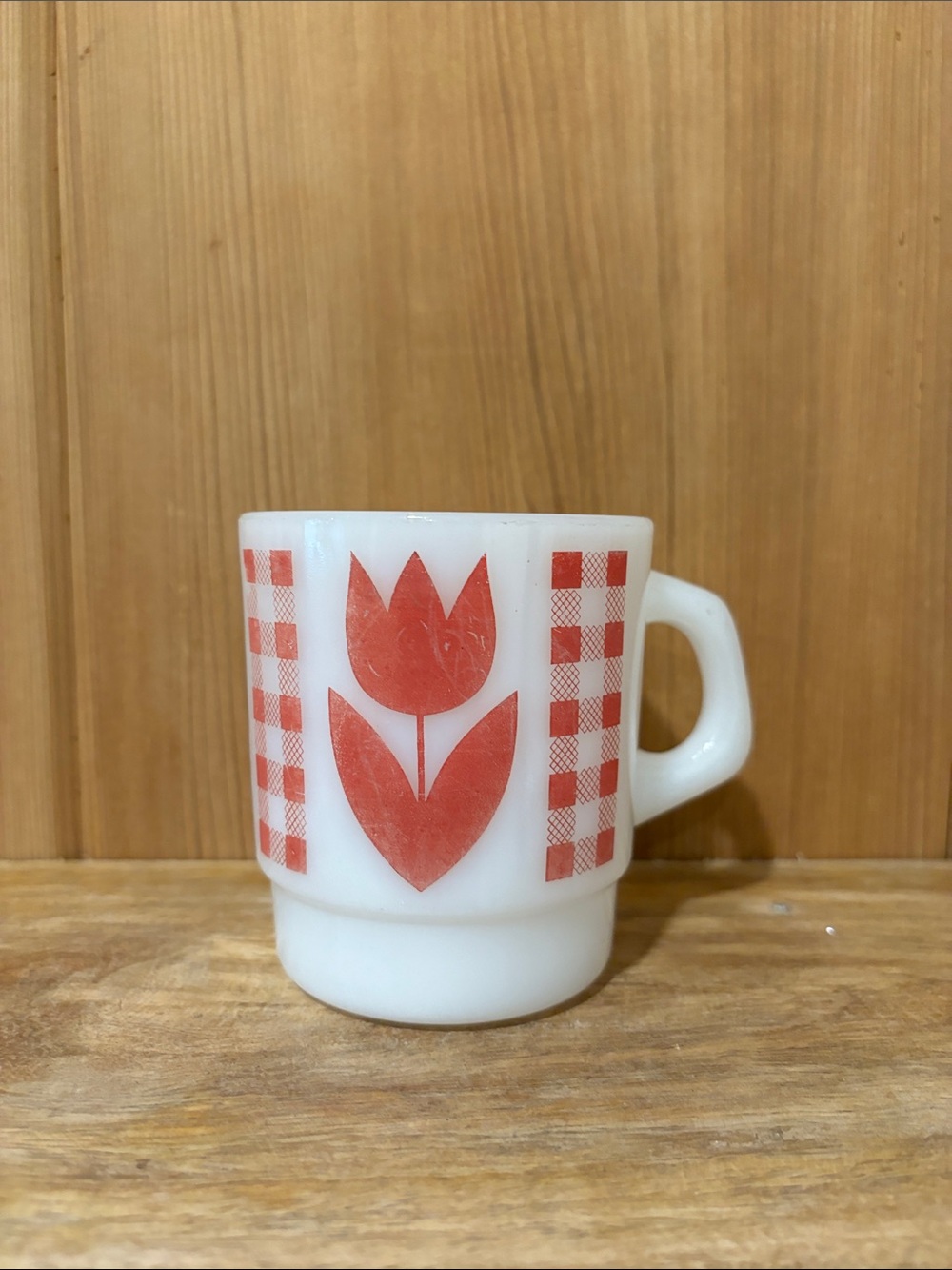 Retro White Milk Glass Mug with Red Tulip Motif